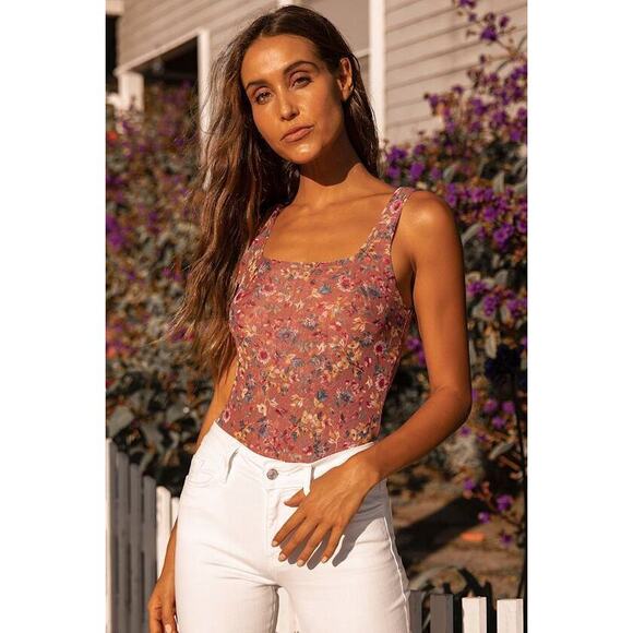 Lulus Tops - Lulus Love In The Garden Mauve Floral Print Mesh Bodysuit Pink - Size S